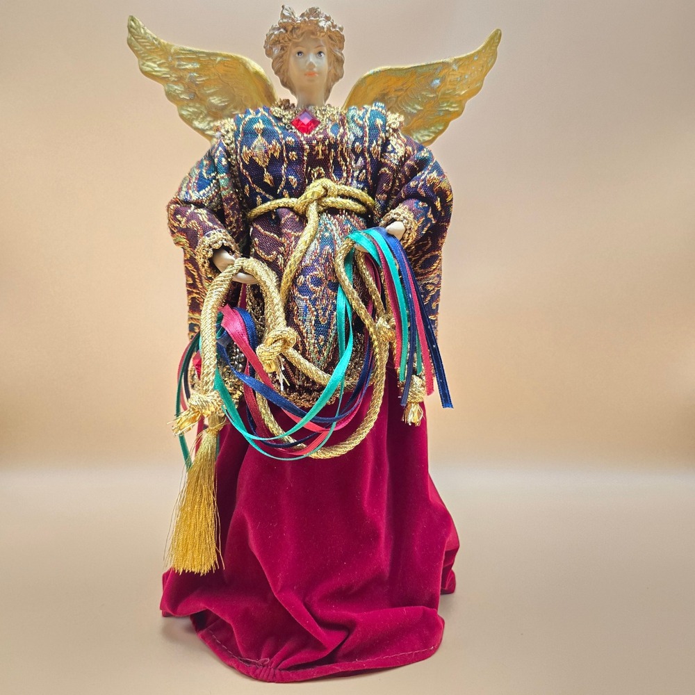 Vintage Christmas Angel Tree Topper Gold Wings Burgundy Velvet Brocade 10 Inch